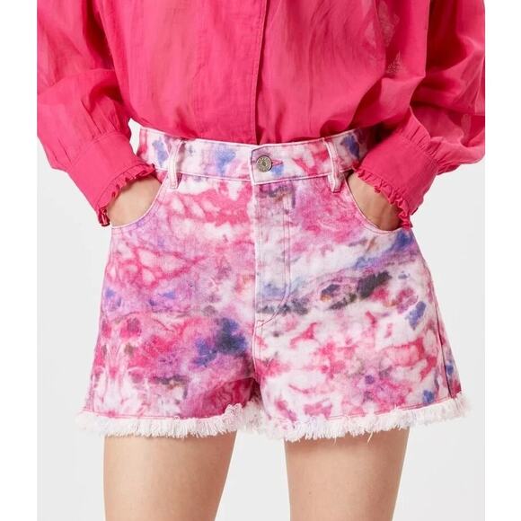 Isabel Marant Etoile Lesia Printed Cotton Shorts In Mulberry Denim Jean Tie Dye - Picture 1 of 12